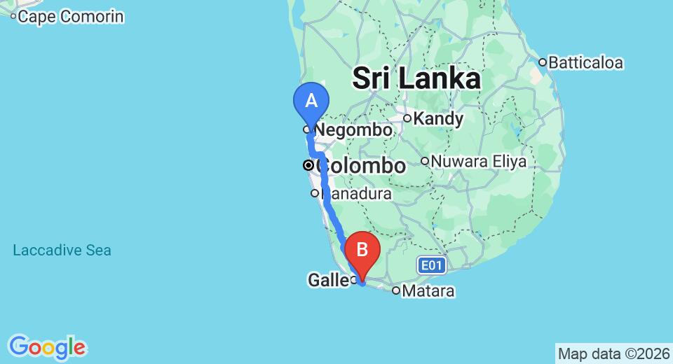 Driving route map: Colombo Airport (CMB) to Polheena Estate, Talpe (155 km, approx 2 h 13 min private transfer)