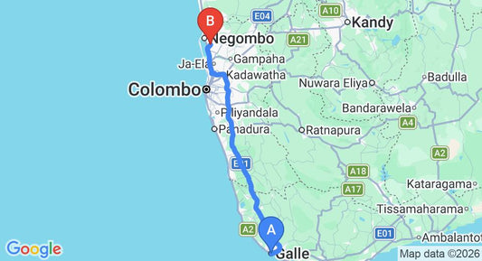 Driving route map: Galle to Colombo Airport (CMB) (151 km, approx 2 h 6 min private transfer)