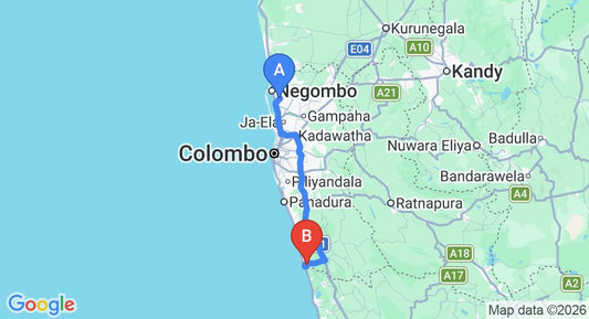 Driving route map: Colombo Airport (CMB) to Bentota Waterside, Bentota (109 km, approx 1 h 44 min private transfer)