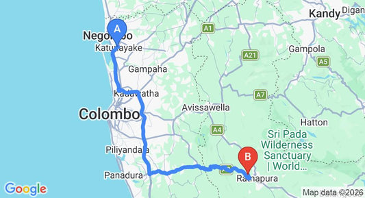 Driving route map: Colombo Airport (CMB) to Ratnaloka Tour Inns, Ratnapura (117 km, approx 2 h 29 min private transfer)
