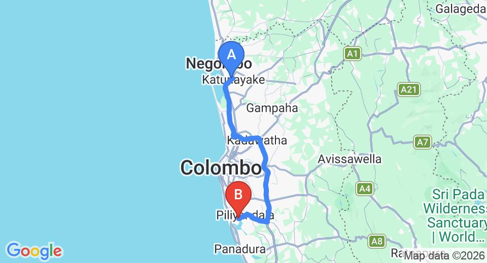 Driving route map: Colombo Airport (CMB) to Hotel Lagoon Dining, Moratuwa (65 km, approx 1 h 12 min private transfer)