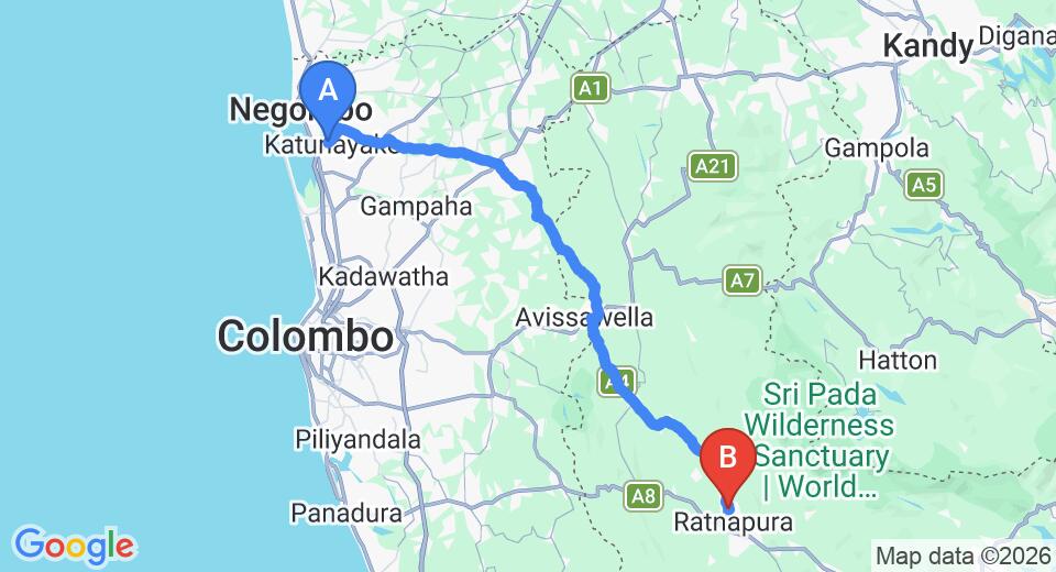 Driving route map: Colombo Airport (CMB) to Hotel Garland, Ratnapura (92 km, approx 2 h 38 min private transfer)