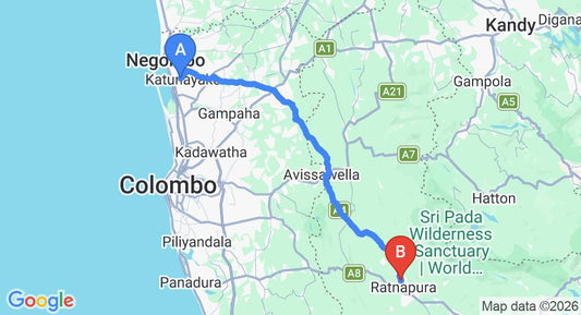 Driving route map: Colombo Airport (CMB) to Hotel Garland, Ratnapura (92 km, approx 2 h 38 min private transfer)