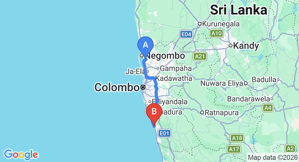 Driving route map: Colombo Airport (CMB) to Golden Sun Resort, Kalutara (83 km, approx 1 h 30 min private transfer)