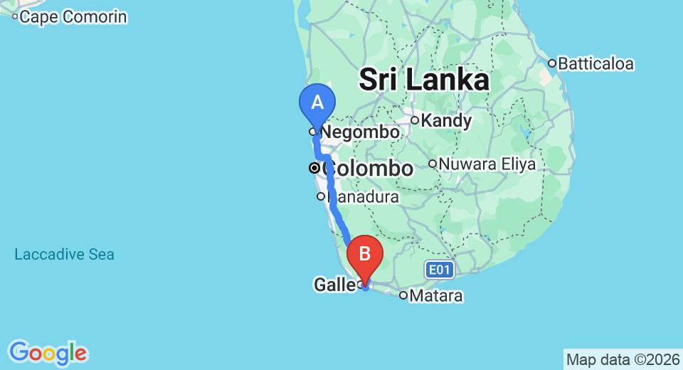 Driving route map: Colombo Airport (CMB) to Black Beauty Guesthouse, Unawatuna (153 km, approx 2 h 8 min private transfer)