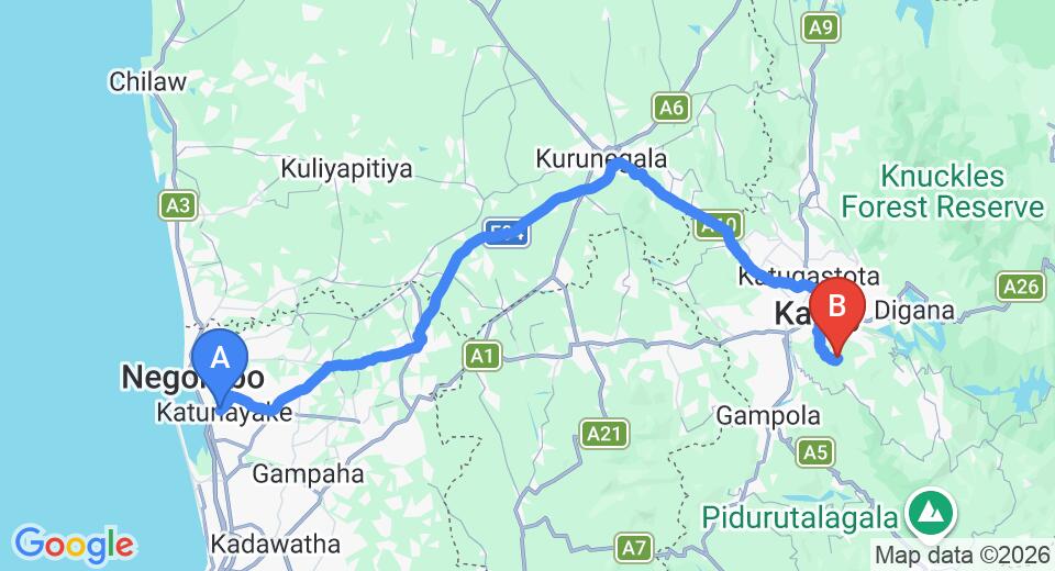 Driving route map: Colombo Airport (CMB) to Jungle Tide, Kandy (125 km, approx 3 h 25 min private transfer)