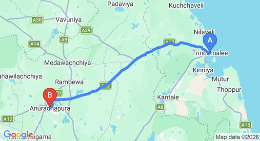 Driving route map: Trincomalee to Anuradhapura (108 km, approx 2 h 7 min private transfer)