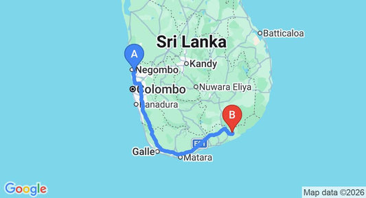 Driving route map: Colombo Airport (CMB) to Hibiscus Garden, Tissamaharama (281 km, approx 3 h 47 min private transfer)