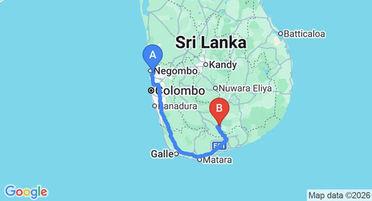 Driving route map: Colombo Airport (CMB) to De Olifant Holiday Bungalow, Udawalawe (260 km, approx 3 h 39 min private transfer)