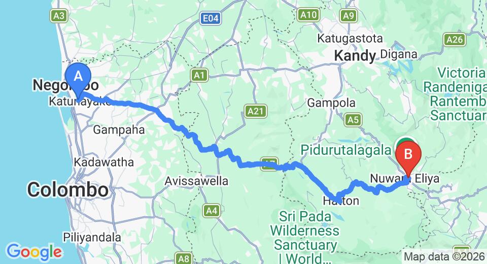 Driving route map: Colombo Airport (CMB) to National Holiday Resort - Nuwara Eliya, Nuwara Eliya (154 km, approx 4 h 45 min private transfer)