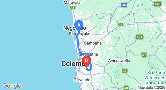 Driving route map: Colombo Airport (CMB) to The Fern Cove Villa, Colombo (49 km, approx 54 min private transfer)