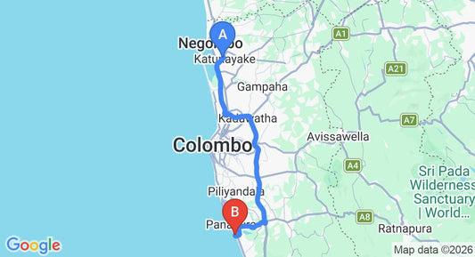 Driving route map: Colombo Airport (CMB) to The Blue Beach, Wadduwa (77 km, approx 1 h 26 min private transfer)