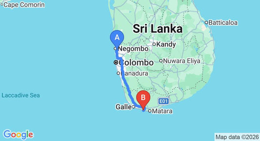 Driving route map: Colombo Airport (CMB) to Eraeliya Villas and Gardens, Weligama (174 km, approx 2 h 29 min private transfer)