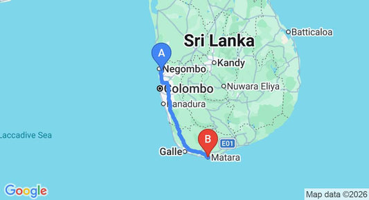 Driving route map: Colombo Airport (CMB) to Claughton and Nugaya Restaurant, Matara (184 km, approx 2 h 32 min private transfer)