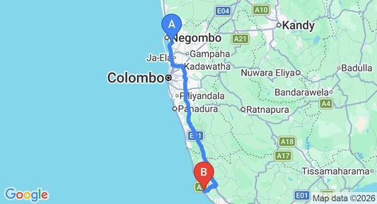 Driving route map: Colombo Airport (CMB) to Coral Gardens, Hikkaduwa (142 km, approx 2 h 5 min private transfer)