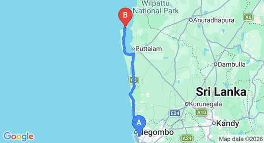 Driving route map: Colombo Airport (CMB) to Margarita Village Kite School, Kalpitiya (140 km, approx 3 h 16 min private transfer)