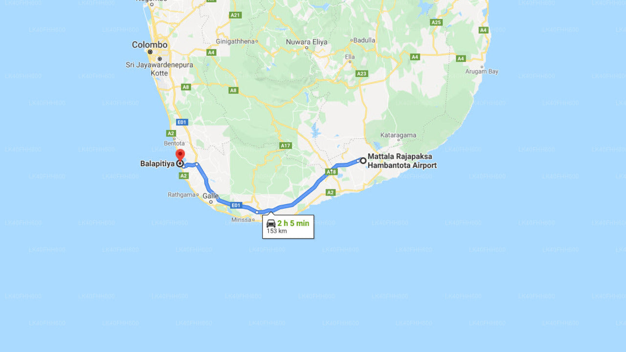 Mattala Airport (HRI) to Balapitiya City Private Transfer