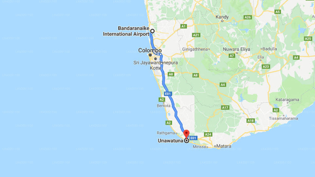 Transfer between Colombo Airport (CMB) and Dalawella Beach Resort, Unawatuna