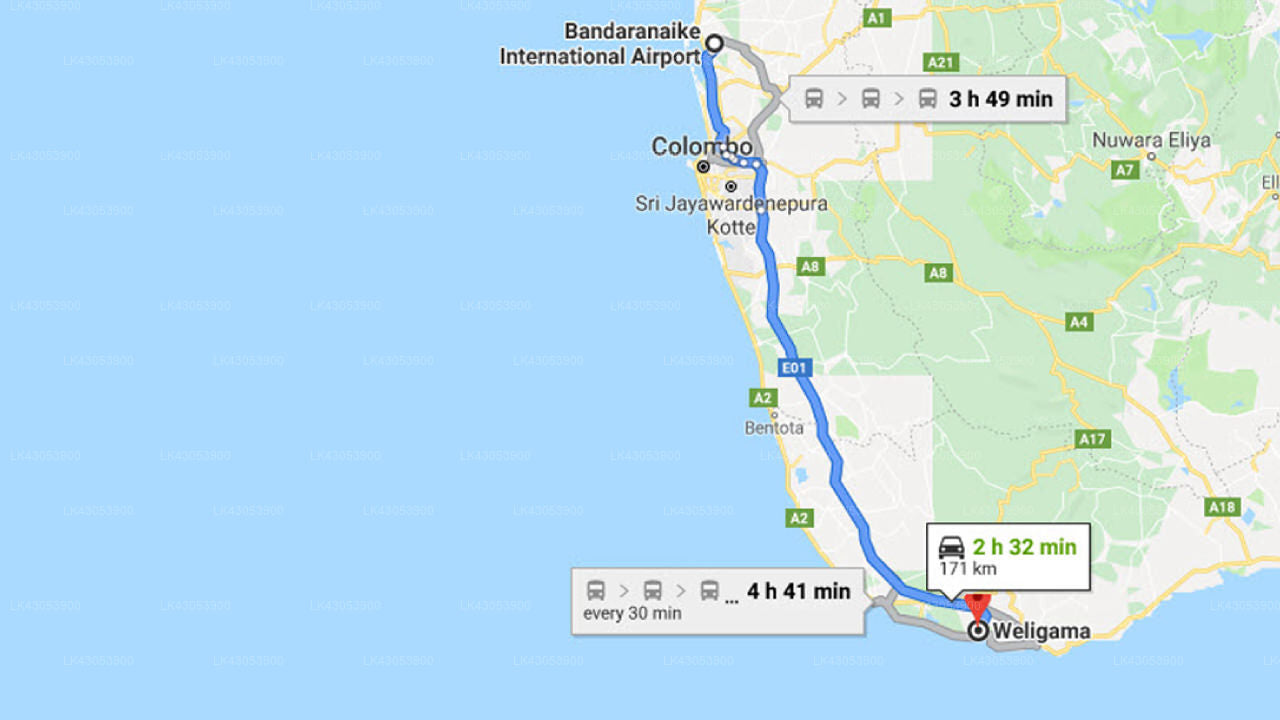 Transfer between Colombo Airport (CMB) and Villa Samsara, Weligama