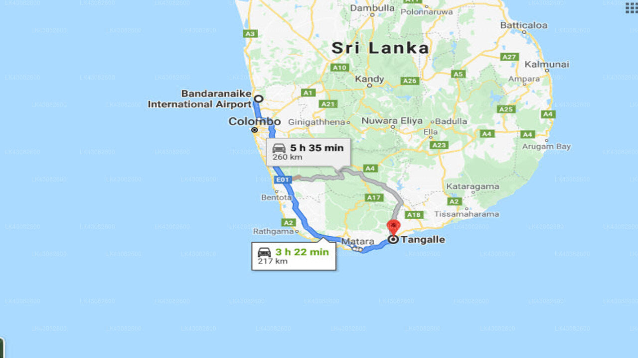 Transfer between Colombo Airport (CMB) and Buckingham Place, Tangalle
