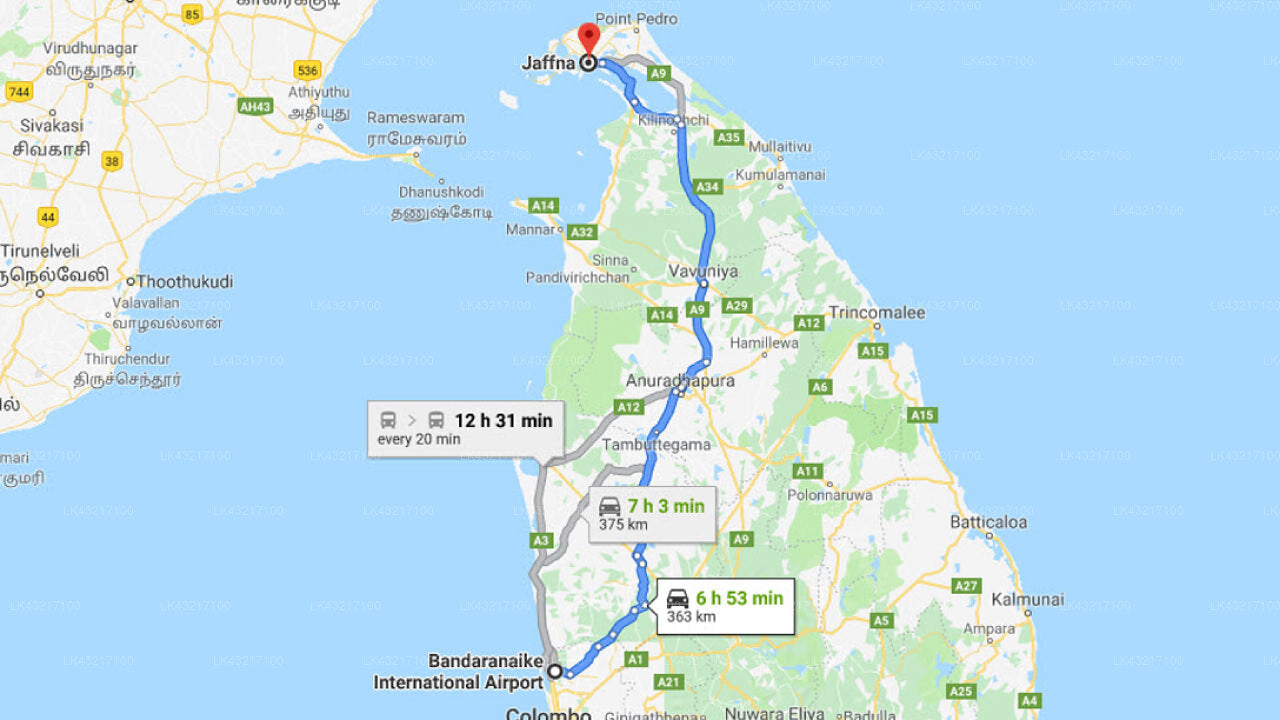 Transfer between Colombo Airport (CMB) and Tulasi Mahal, Jaffna