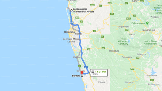 Transfer between Colombo Airport (CMB) and Thejan Beach Cabanas, Bentota
